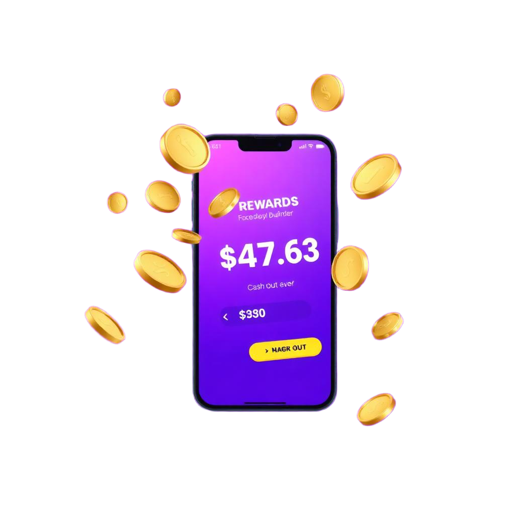 Playful Rewards App mit Auszahlungs-Screen und schwebenden Goldmünzen